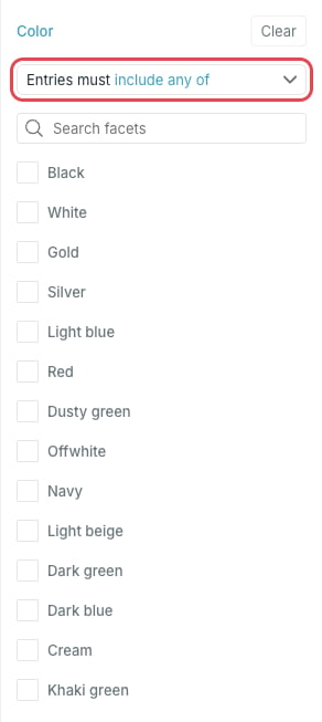 Facet filter with values for a colour property