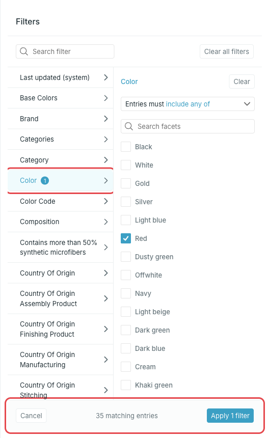 Facet filter with one value selected and the matching entry count