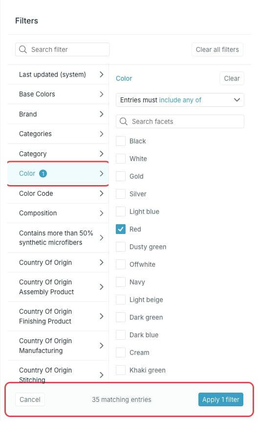 Facet filter with one value selected and the matching entry count