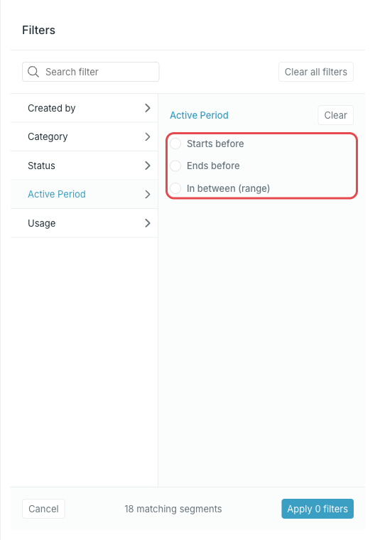Active period filter on the segments list