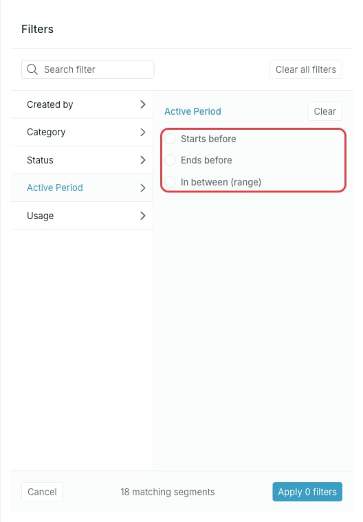 Active period filter on the segments list
