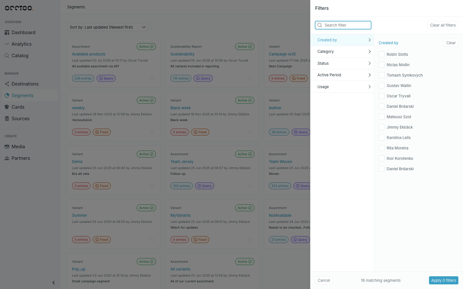 Filters panel on the segments list