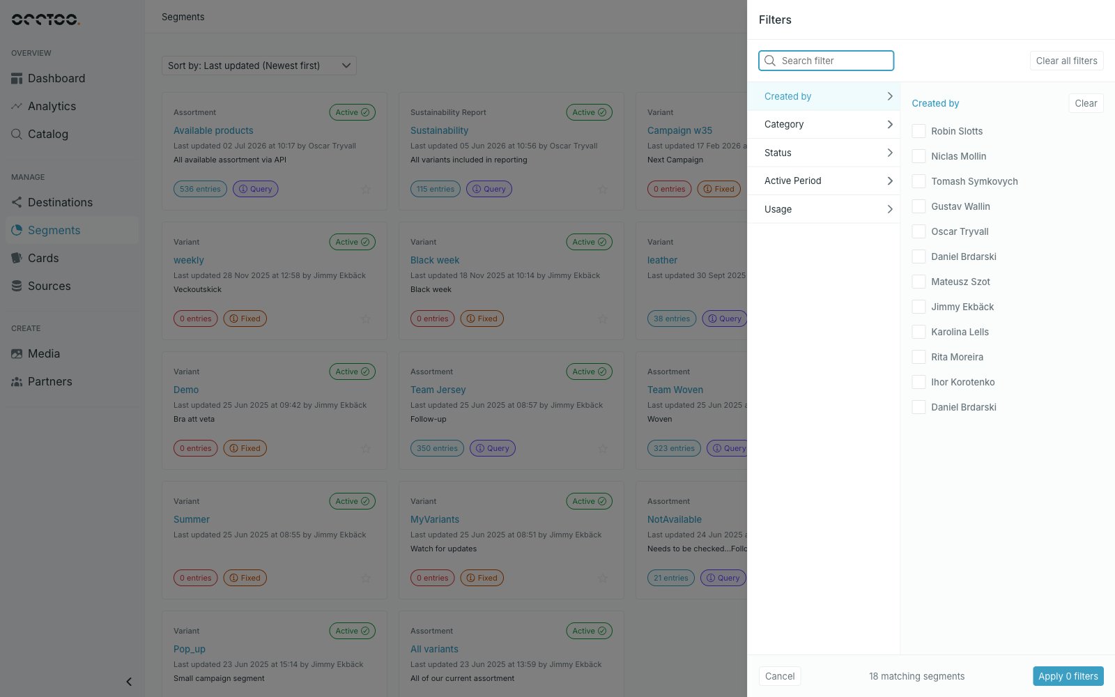 Filters panel on the segments list