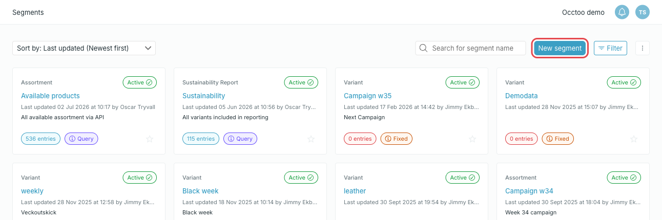 Segments list page with the New segment button