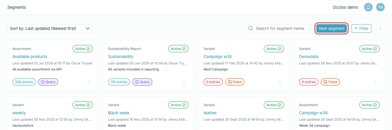 Segments list page with the New segment button