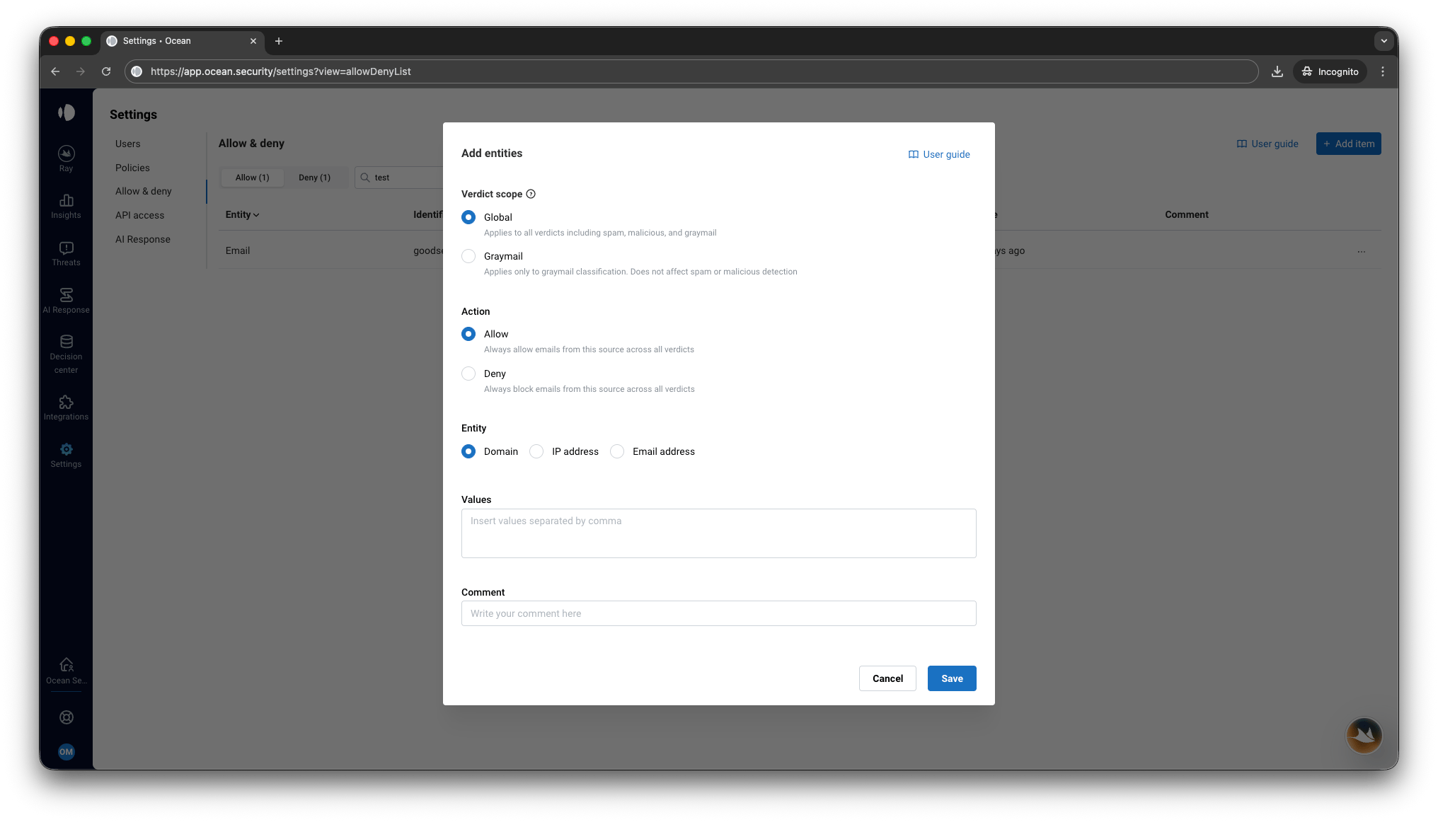 Allow & Deny List with Verdict Scope for graymail