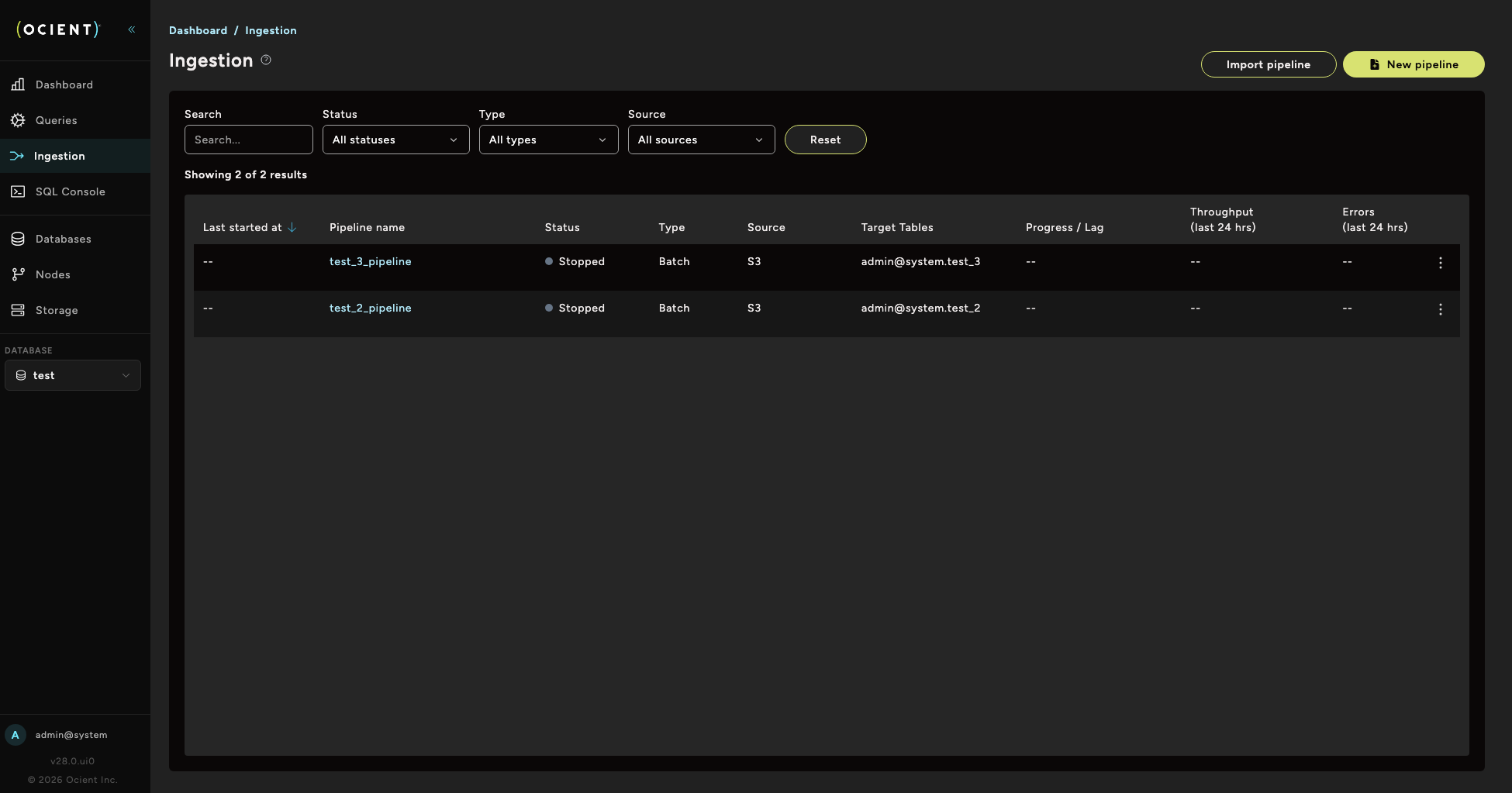 Ocient Management UI Ingestion page showing pipeline list with search and filter controls.