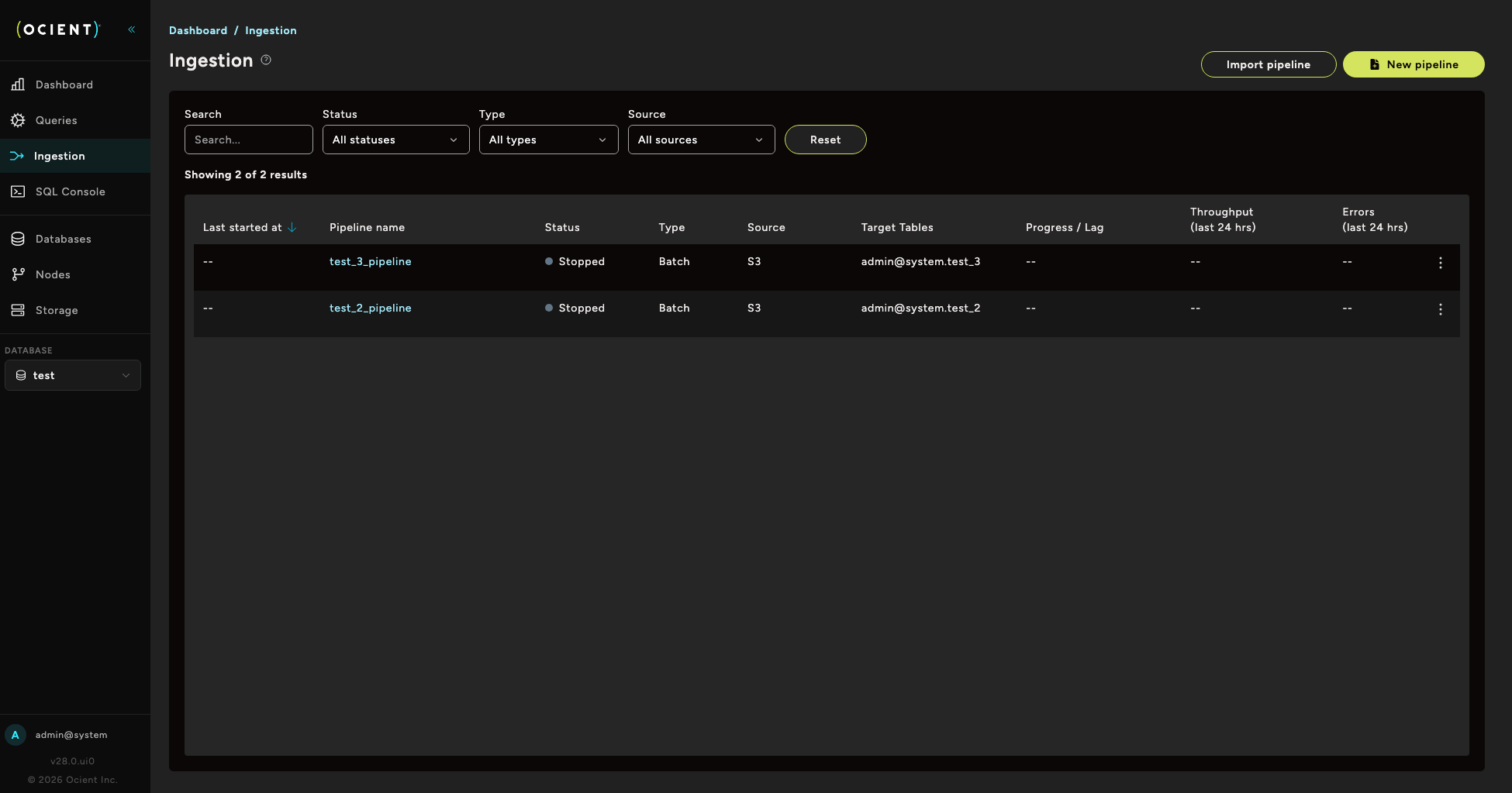 Ocient Management UI Ingestion page showing pipeline list with search and filter controls.