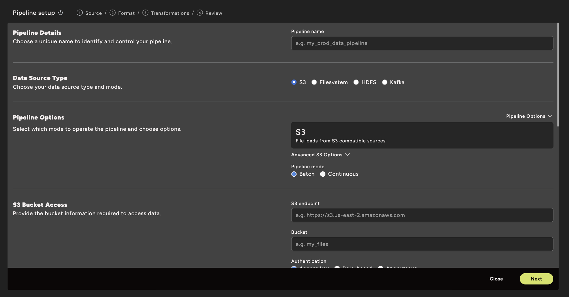 Ocient Management UI Pipeline Builder showing the Source configuration step with data source type and S3 bucket access fields.