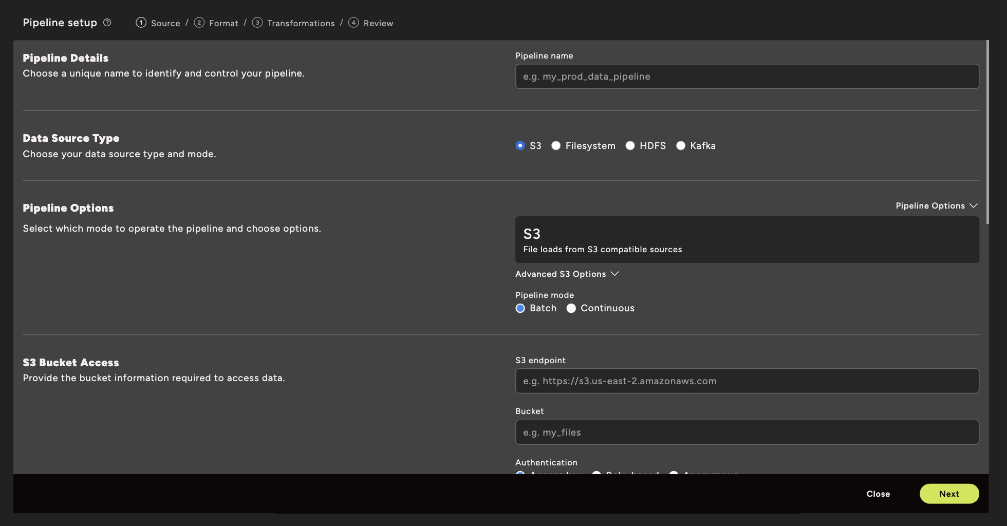 Ocient Management UI Pipeline Builder showing the Source configuration step with data source type and S3 bucket access fields.