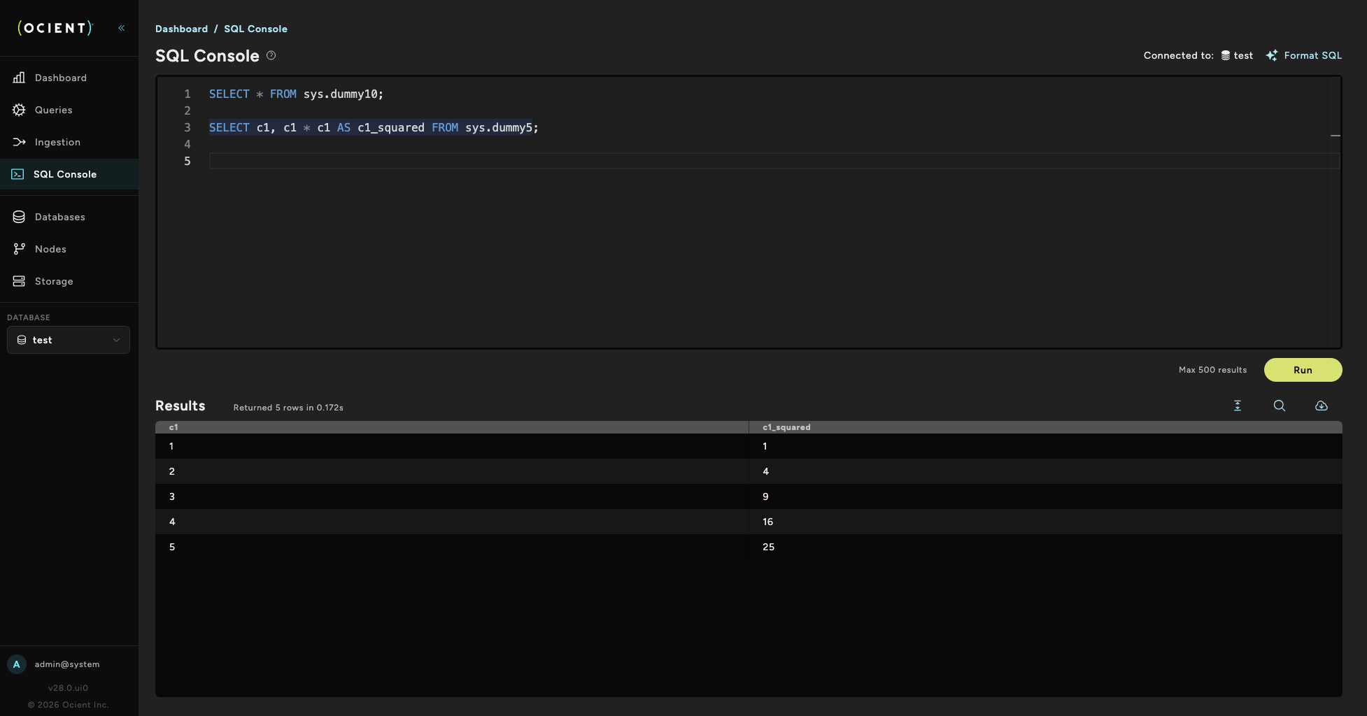 Ocient Management UI SQL Console with an interactive query editor and results pane.