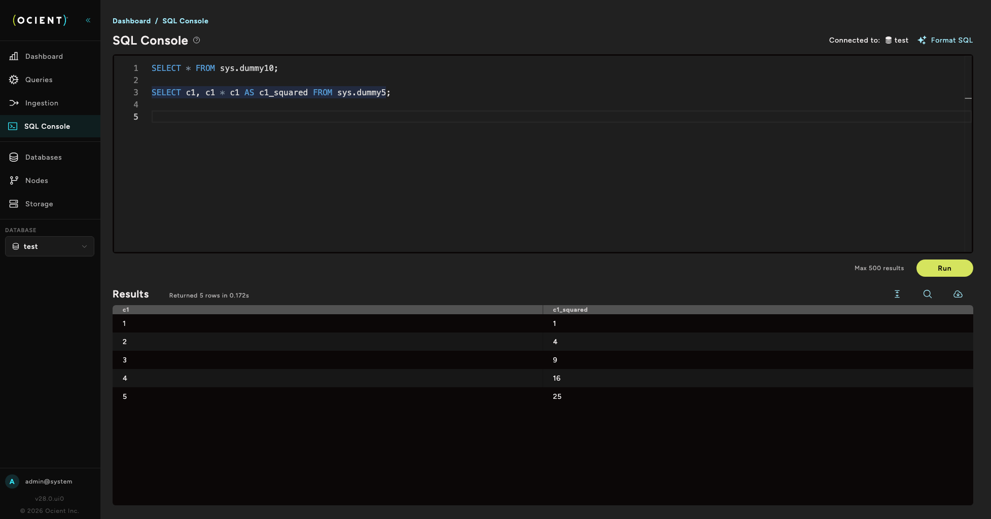 Ocient Management UI SQL Console with an interactive query editor and results pane.
