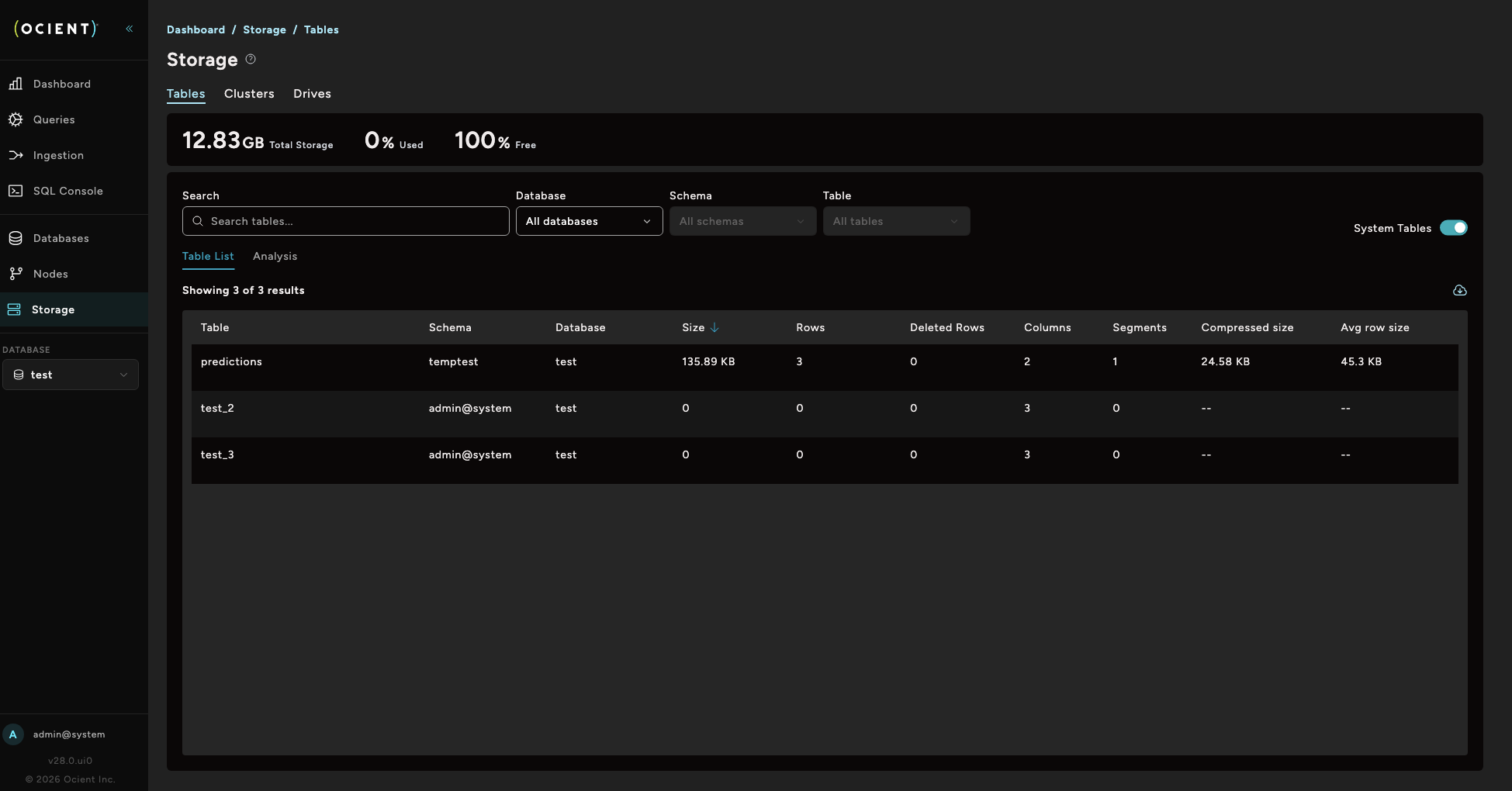 Ocient Management UI Storage page showing table-level storage details including size, rows, columns, and compression.