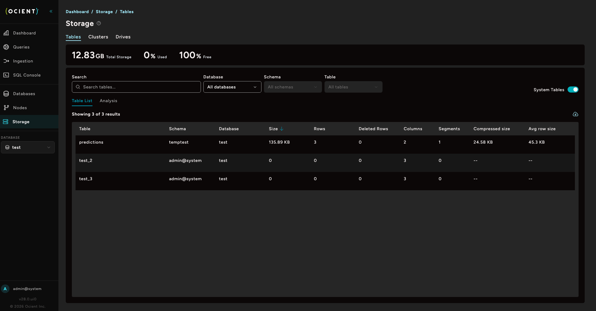 Ocient Management UI Storage page showing table-level storage details including size, rows, columns, and compression.