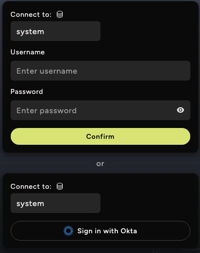 Ocient Management UI login page showing the database selection field and a single sign-on option.