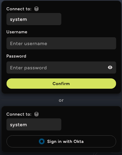 Ocient Management UI login page showing the database selection field and a single sign-on option.