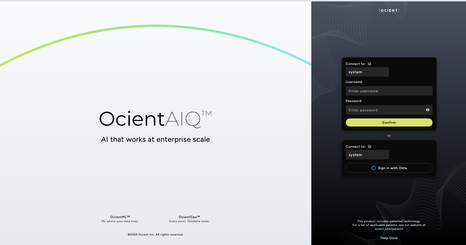 Ocient Management UI login page showing database connection and credential fields, with a single sign-on option.