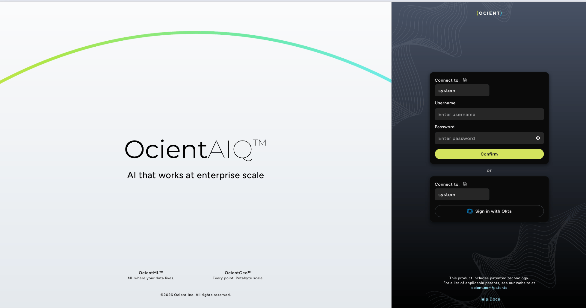 Ocient Management UI login page showing database connection and credential fields, with a single sign-on option.