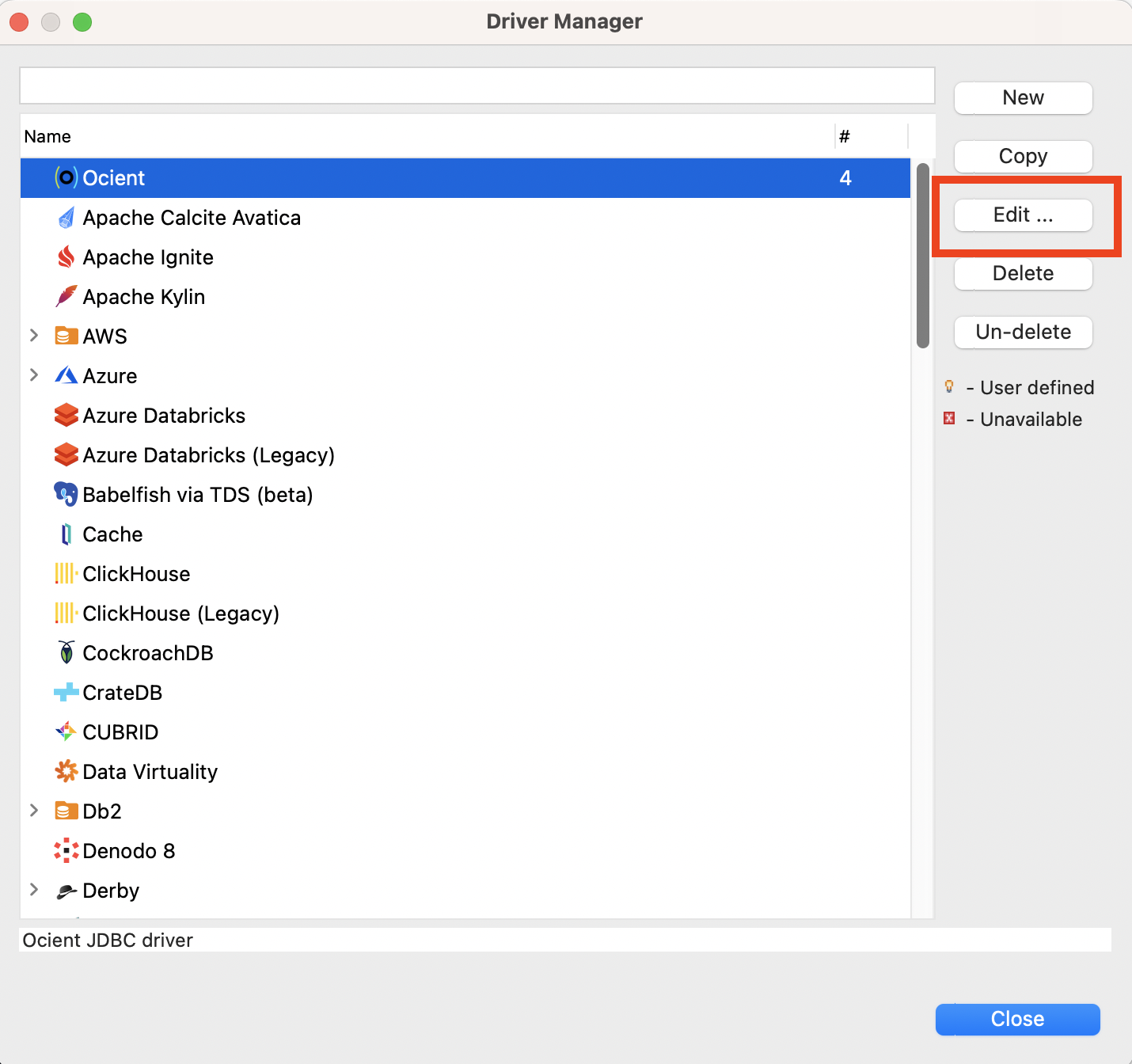 Select the Ocient driver under Name in the Driver Manager window.