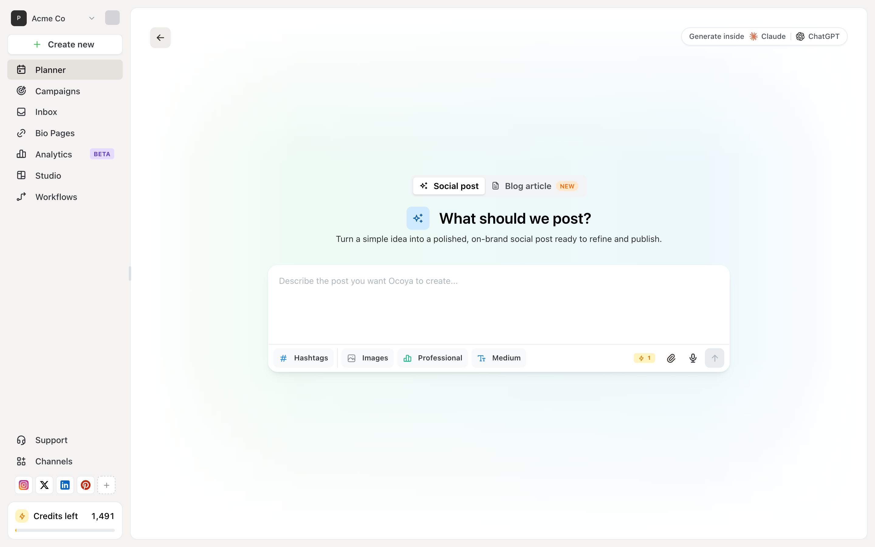 Ocoya AI post composer with a prompt field reading Describe the post you want Ocoya to create, plus Hashtags, Images, Professional and Medium options