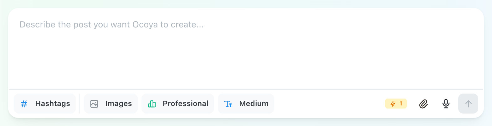 Ocoya AI post composer toolbar with Hashtags, Images, Professional and Medium buttons, and an amber badge showing a lightning bolt and the number 1