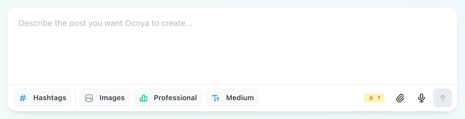 Ocoya AI post composer toolbar with Hashtags, Images, Professional and Medium buttons, and an amber badge showing a lightning bolt and the number 1