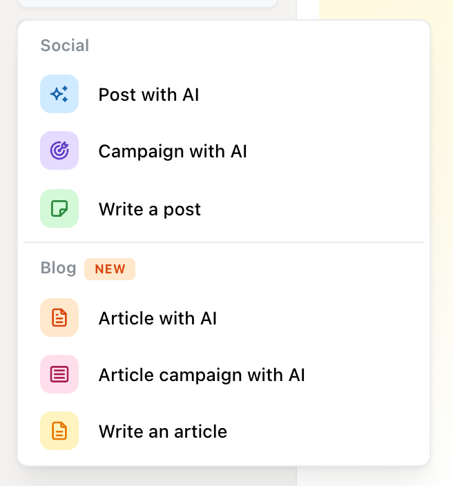 Ocoya Create new menu with a Social group — Post with AI, Campaign with AI, Write a post — and a Blog group marked New — Article with AI, Article campaign with AI, Write an article