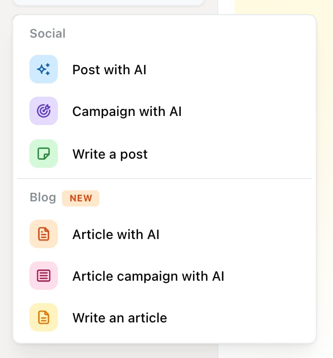 Ocoya Create new menu with a Social group — Post with AI, Campaign with AI, Write a post — and a Blog group marked New — Article with AI, Article campaign with AI, Write an article
