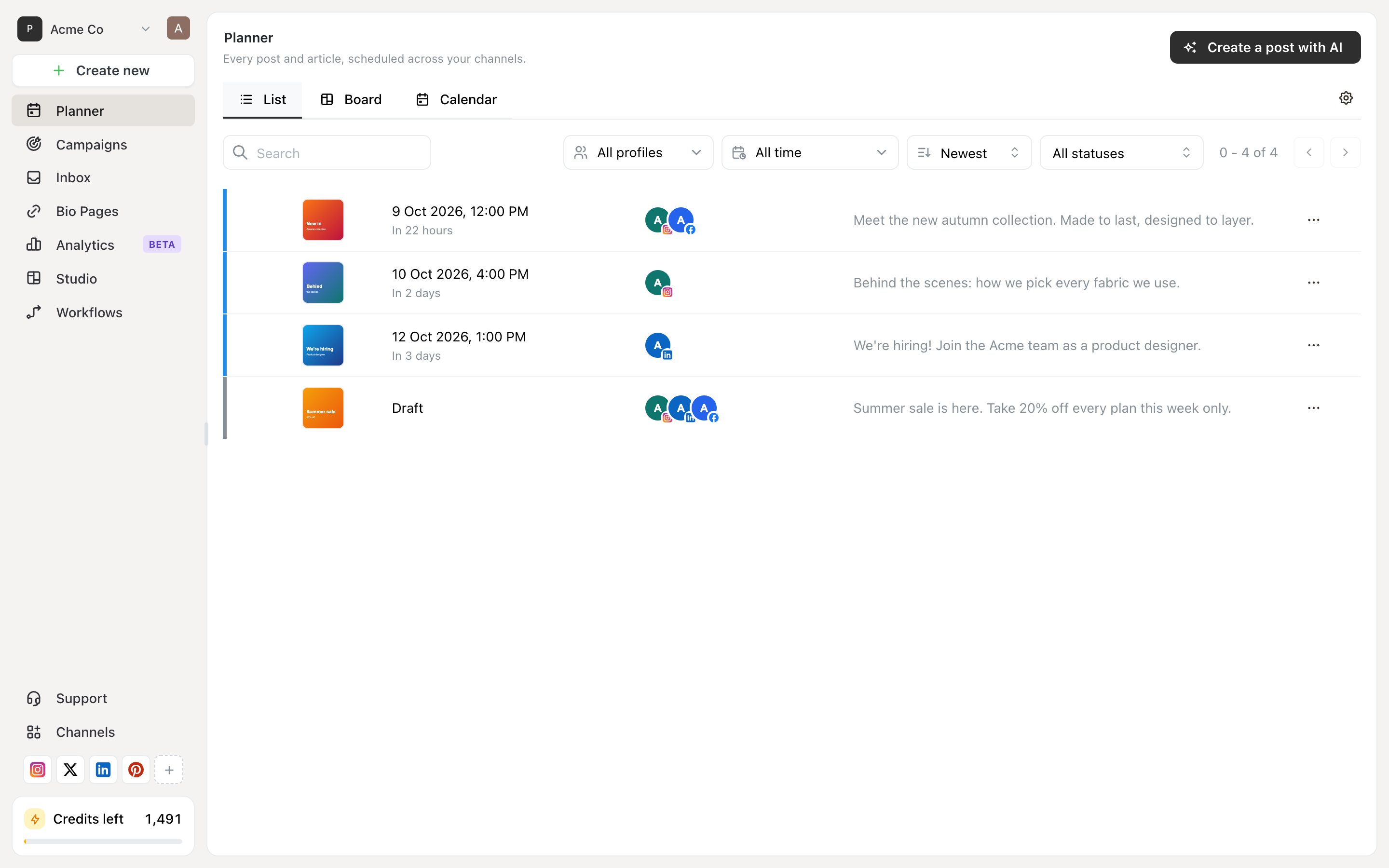 Ocoya Planner in List view, under a Planner heading with a Create a post with AI button, showing four posts with their image, time, channels and caption, plus Search, All profiles, All time, Newest and All statuses filters
