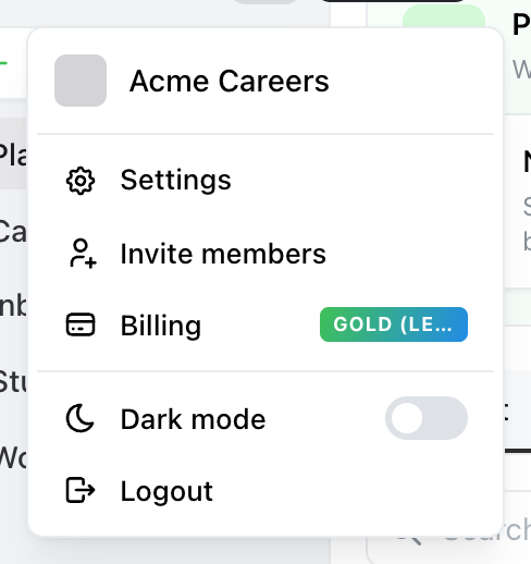 The Ocoya account menu, open from the sidebar, listing Settings, Invite members, Billing with the current plan on a badge, a Dark mode toggle and Logout