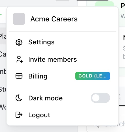 The Ocoya account menu, open from the sidebar, listing Settings, Invite members, Billing with the current plan on a badge, a Dark mode toggle and Logout