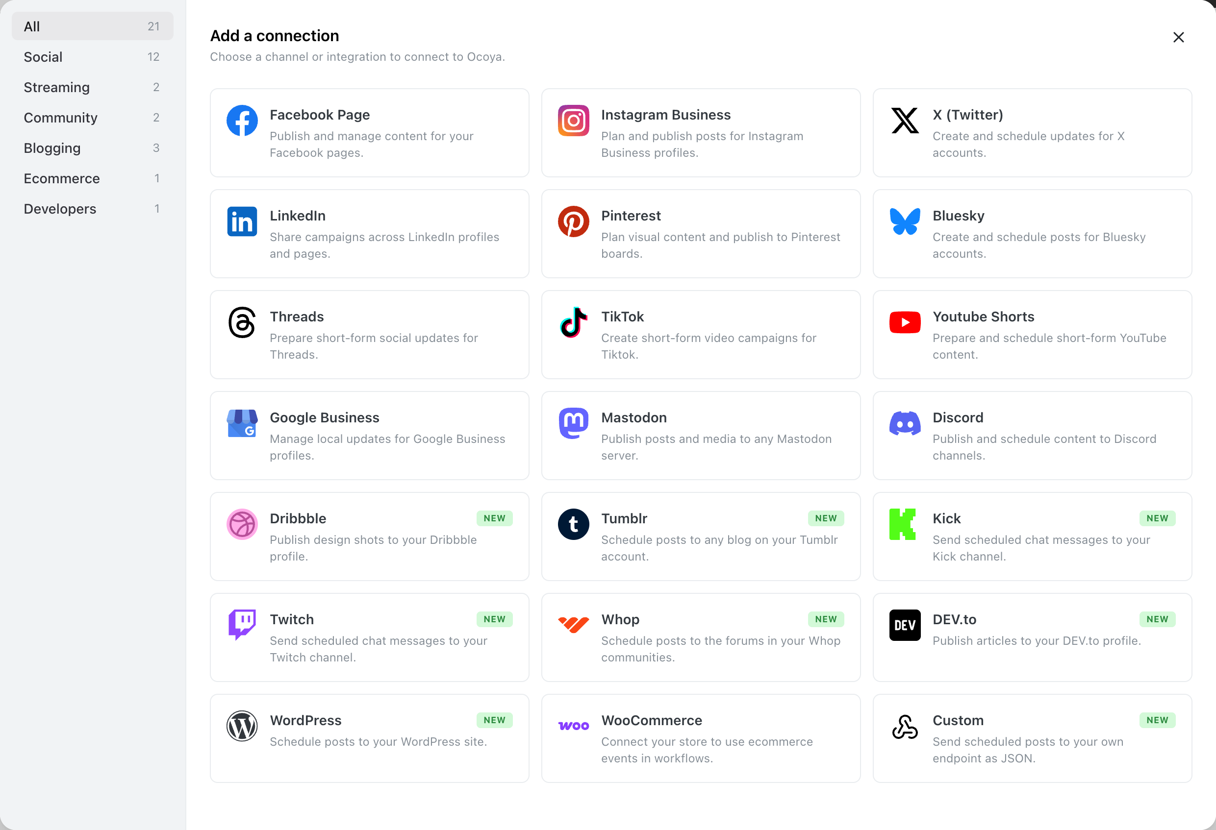 Add a connection modal with a category sidebar on the left — All, Social, Streaming, Community, Blogging, Ecommerce and Developers, each with a count — and a grid of channel cards, each with its logo, name and a one-line description