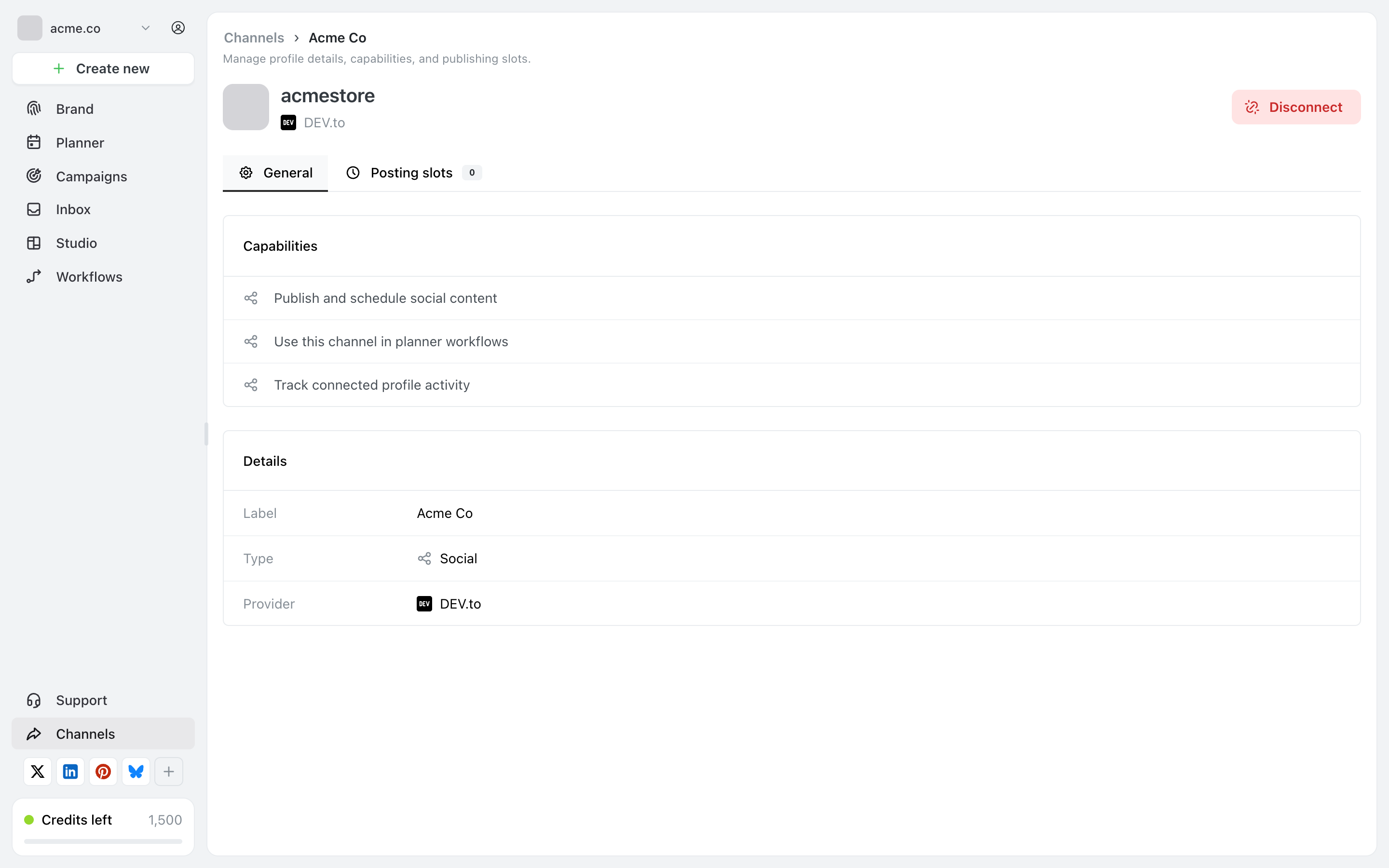 Ocoya channel settings page showing a breadcrumb reading Channels and the channel label, the account handle with its network beneath, a red Disconnect button, General and Posting slots tabs, a Capabilities card listing three capabilities, and a Details card listing Label, Type and Provider