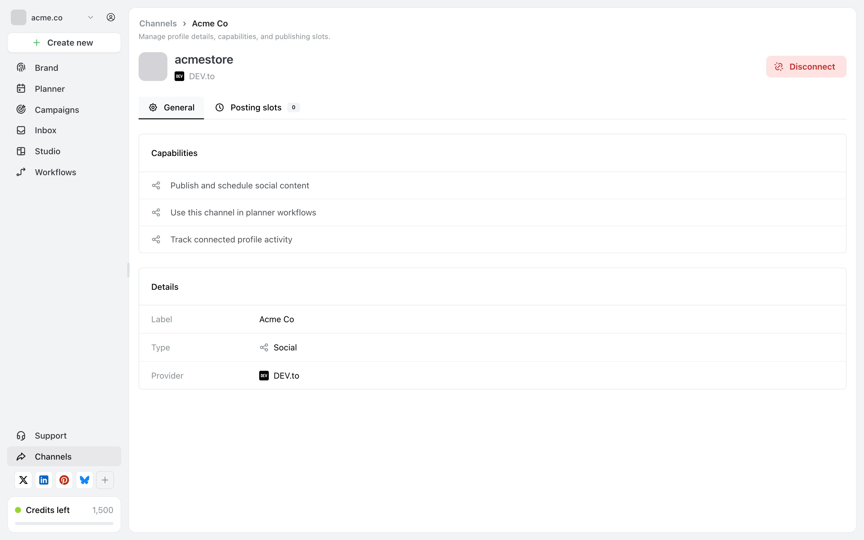 Ocoya channel settings page showing a breadcrumb reading Channels and the channel label, the account handle with its network beneath, a red Disconnect button, General and Posting slots tabs, a Capabilities card listing three capabilities, and a Details card listing Label, Type and Provider