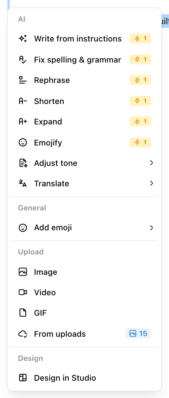 The Ocoya post editor menu with text selected, listing Write from instructions, Fix spelling and grammar, Rephrase, Shorten, Expand, Emojify, Adjust tone and Translate, each with a 1-credit badge