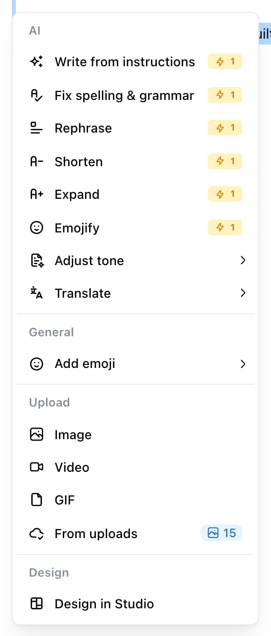 The Ocoya post editor menu with text selected, listing Write from instructions, Fix spelling and grammar, Rephrase, Shorten, Expand, Emojify, Adjust tone and Translate, each with a 1-credit badge