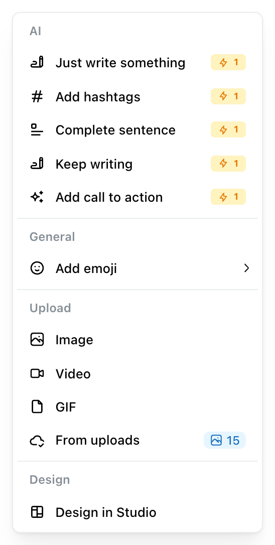 The Ocoya post editor block menu with an AI section, a General section holding Add emoji, an Upload section listing Image, Video, GIF and From uploads with a count badge, and a Design section holding Design in Studio