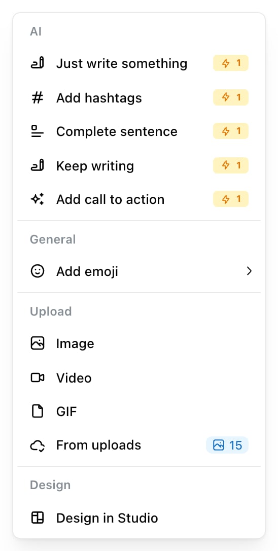 The Ocoya post editor block menu with an AI section, a General section holding Add emoji, an Upload section listing Image, Video, GIF and From uploads with a count badge, and a Design section holding Design in Studio