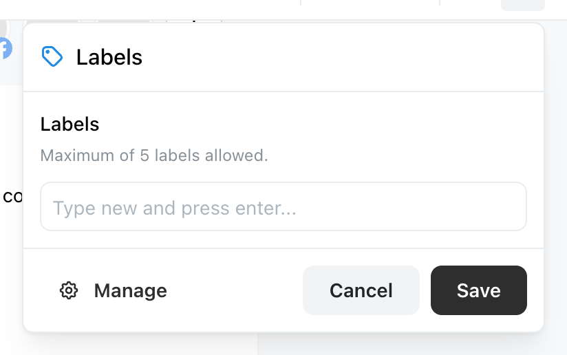 The Labels popover in the Ocoya post editor, showing the heading Labels, the note Maximum of 5 labels allowed, an input reading Type new and press enter, and Manage, Cancel and Save buttons