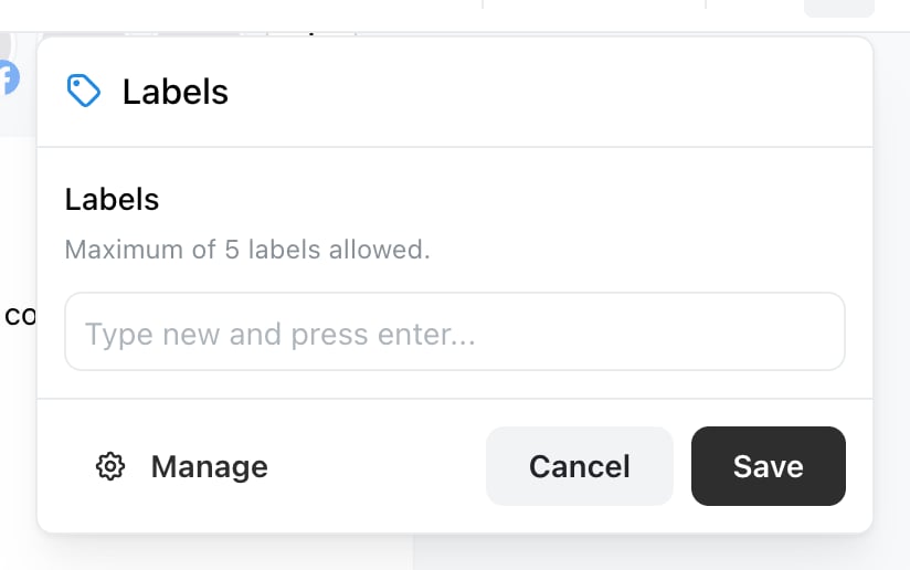 The Labels popover in the Ocoya post editor, showing the heading Labels, the note Maximum of 5 labels allowed, an input reading Type new and press enter, and Manage, Cancel and Save buttons