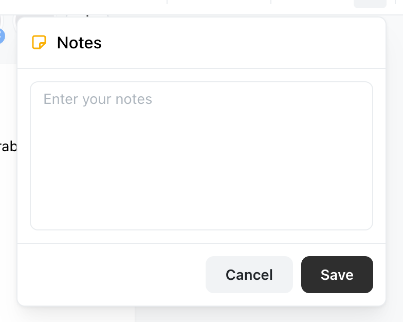 The Notes popover in the Ocoya post editor with an empty text area reading Enter your notes, and Cancel and Save buttons