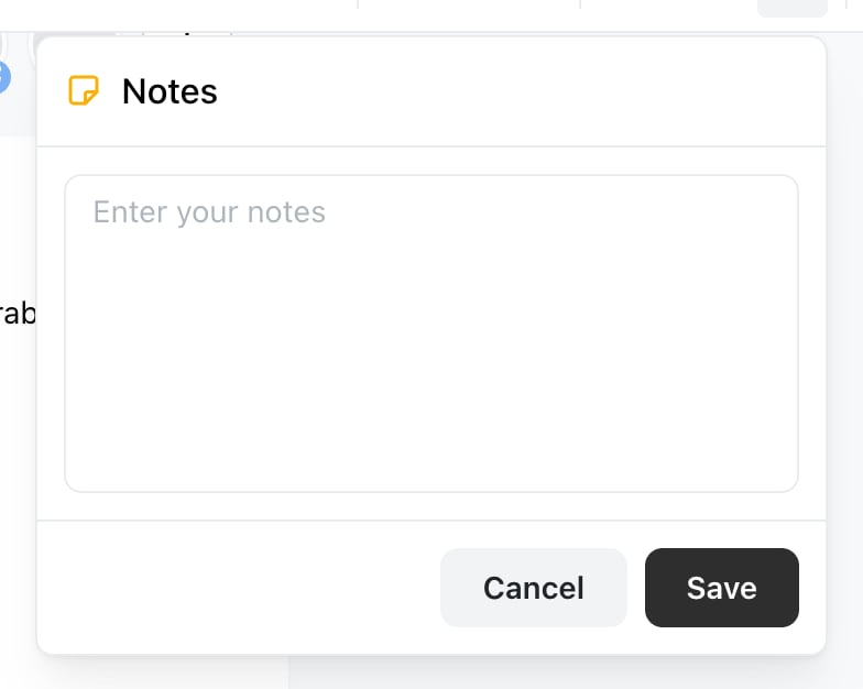 The Notes popover in the Ocoya post editor with an empty text area reading Enter your notes, and Cancel and Save buttons