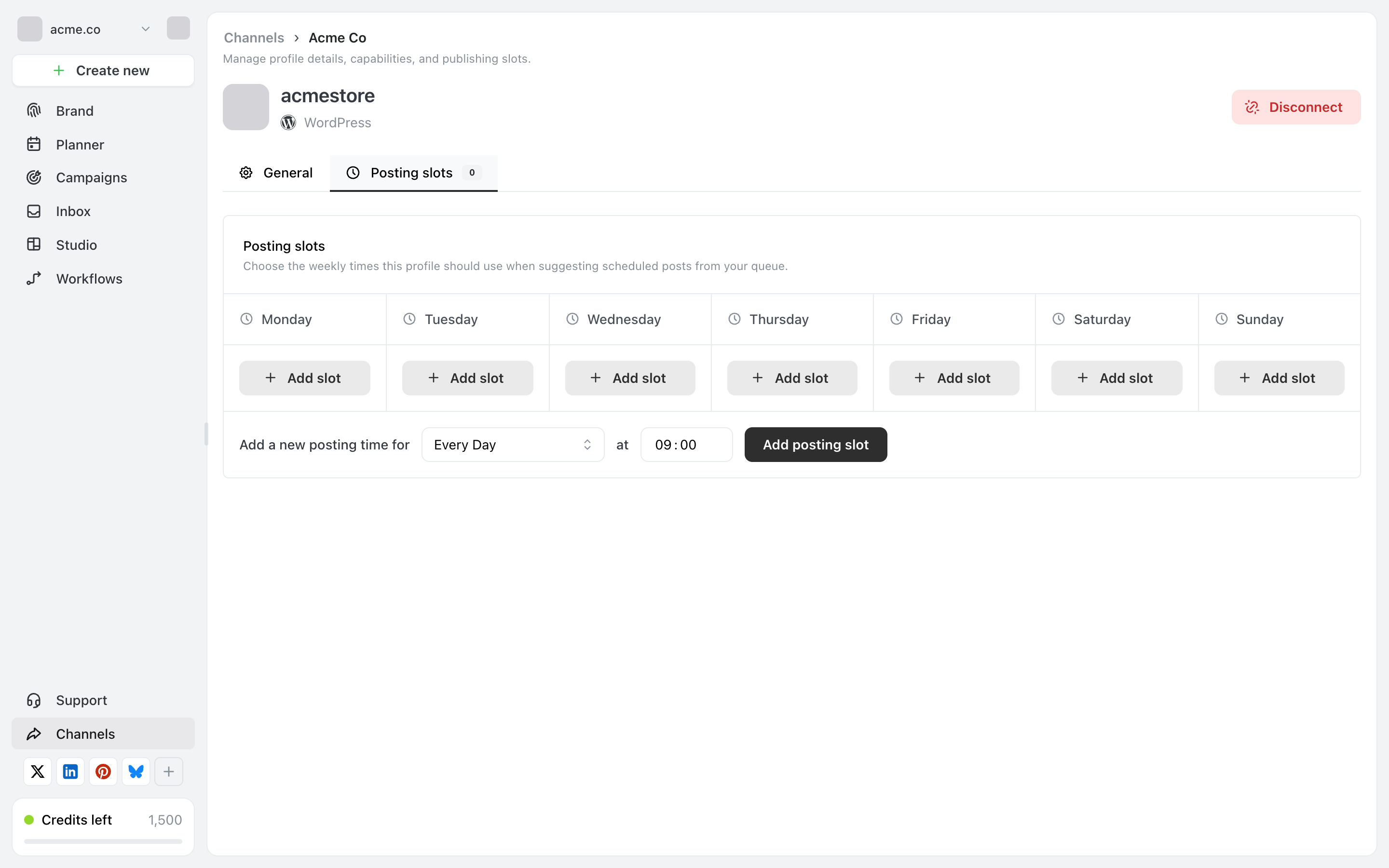 Posting slots tab for a channel showing seven day columns from Monday to Sunday each with an Add slot button, and below them a row reading Add a new posting time for Every Day at 09:00 with an Add posting slot button