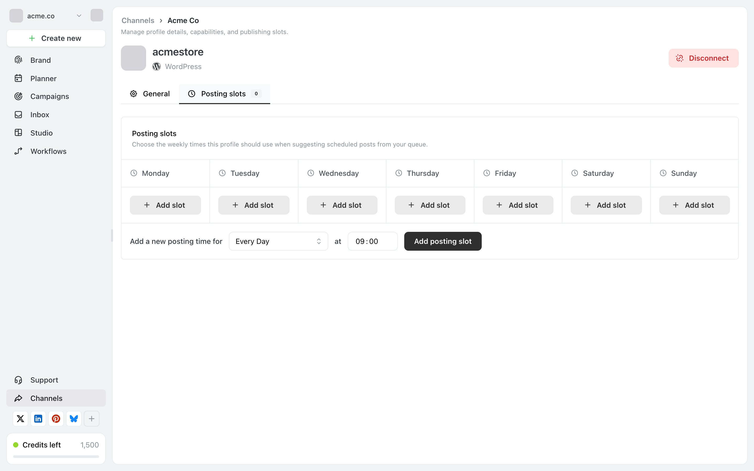 Posting slots tab for a channel showing seven day columns from Monday to Sunday each with an Add slot button, and below them a row reading Add a new posting time for Every Day at 09:00 with an Add posting slot button