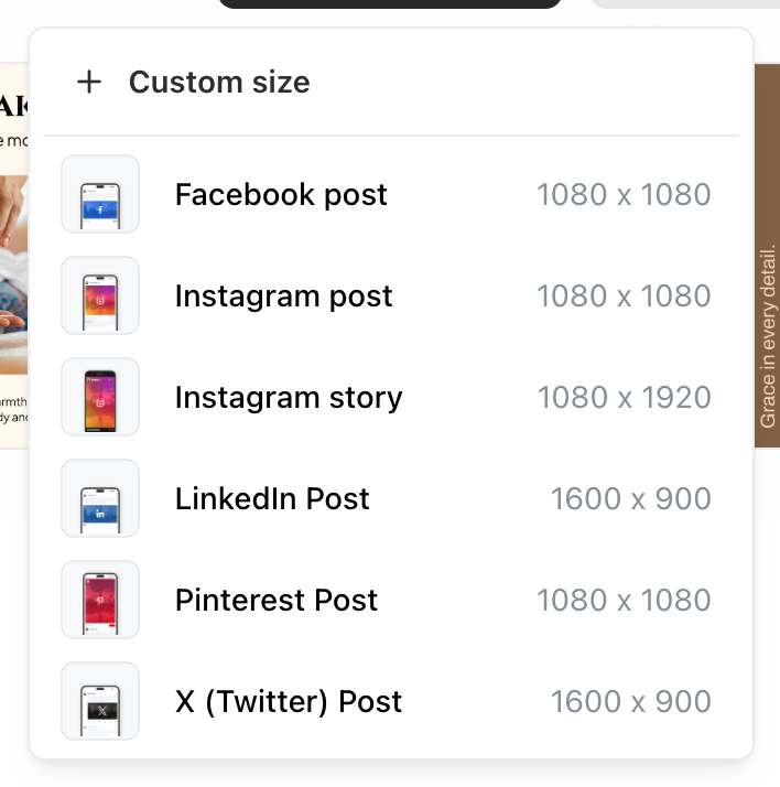 Studio's New design menu listing Custom size above Facebook post 1080 x 1080, Instagram post 1080 x 1080, Instagram story 1080 x 1920, LinkedIn Post 1600 x 900, Pinterest Post 1080 x 1080 and X (Twitter) Post 1600 x 900