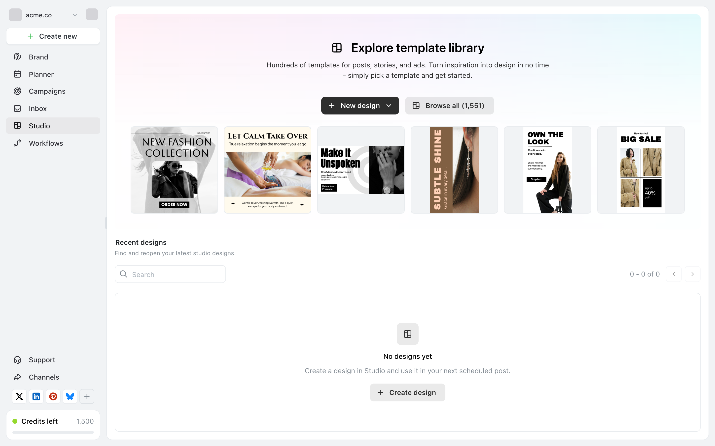 Ocoya Studio showing an Explore template library banner with New design and Browse all buttons, a row of six template thumbnails for fashion and beauty posts, and a Recent designs section with a No designs yet empty state