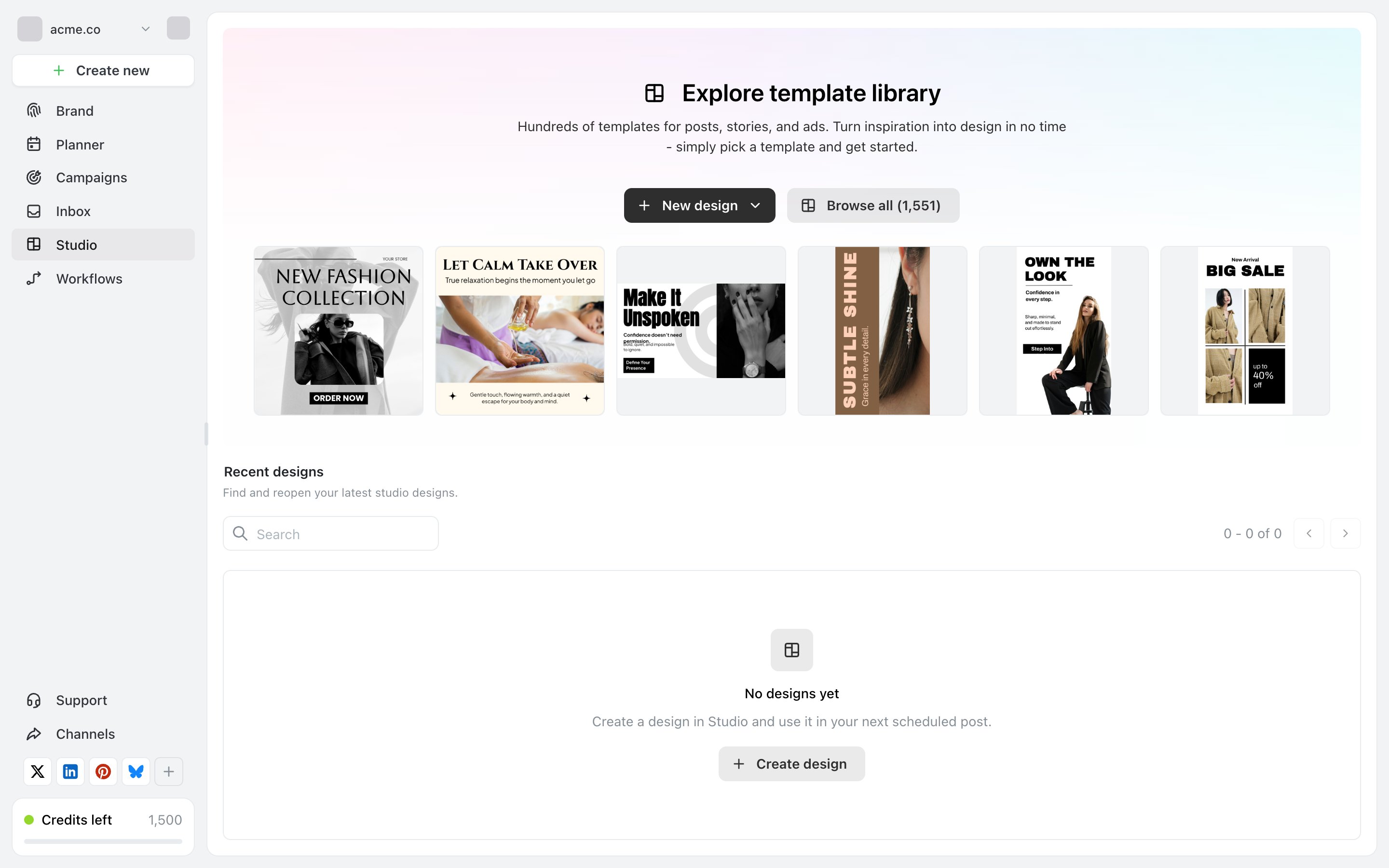 Ocoya Studio showing an Explore template library banner with New design and Browse all buttons, a row of six template thumbnails for fashion and beauty posts, and a Recent designs section with a No designs yet empty state