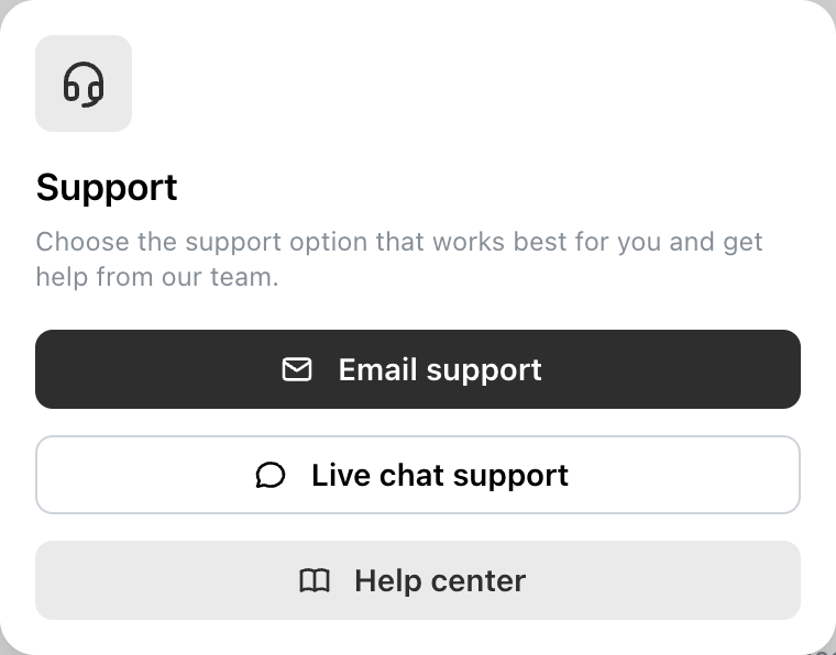 Ocoya Support dialog offering Email support, Live chat support and Help center