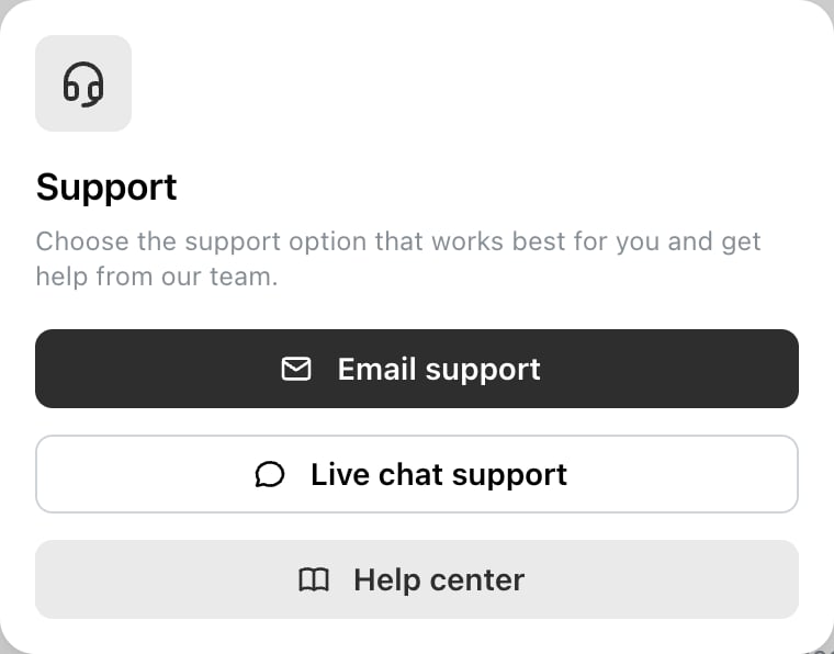 Ocoya Support dialog offering Email support, Live chat support and Help center