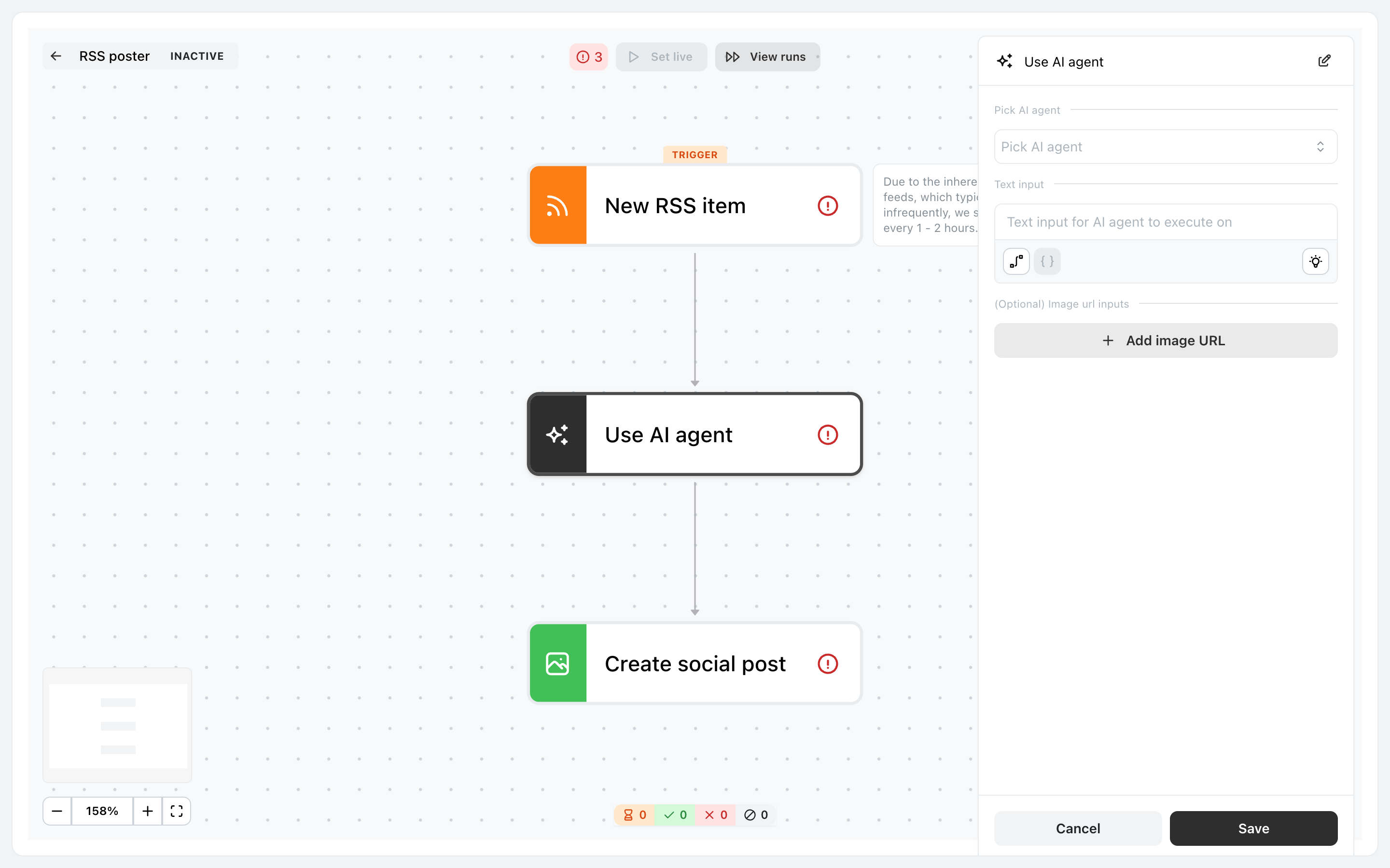 Ocoya workflow builder with the Use AI agent step selected, showing a configuration panel with a Pick AI agent dropdown, a Text input field, an optional Add image URL button, and Cancel and Save buttons